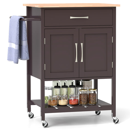 Rolling Kitchen Island Cart with Drawer Cabinet Bottom Shelf and Towel Rack - Brown