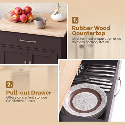 Rolling Kitchen Island Cart with Drawer Cabinet Bottom Shelf and Towel Rack - Brown