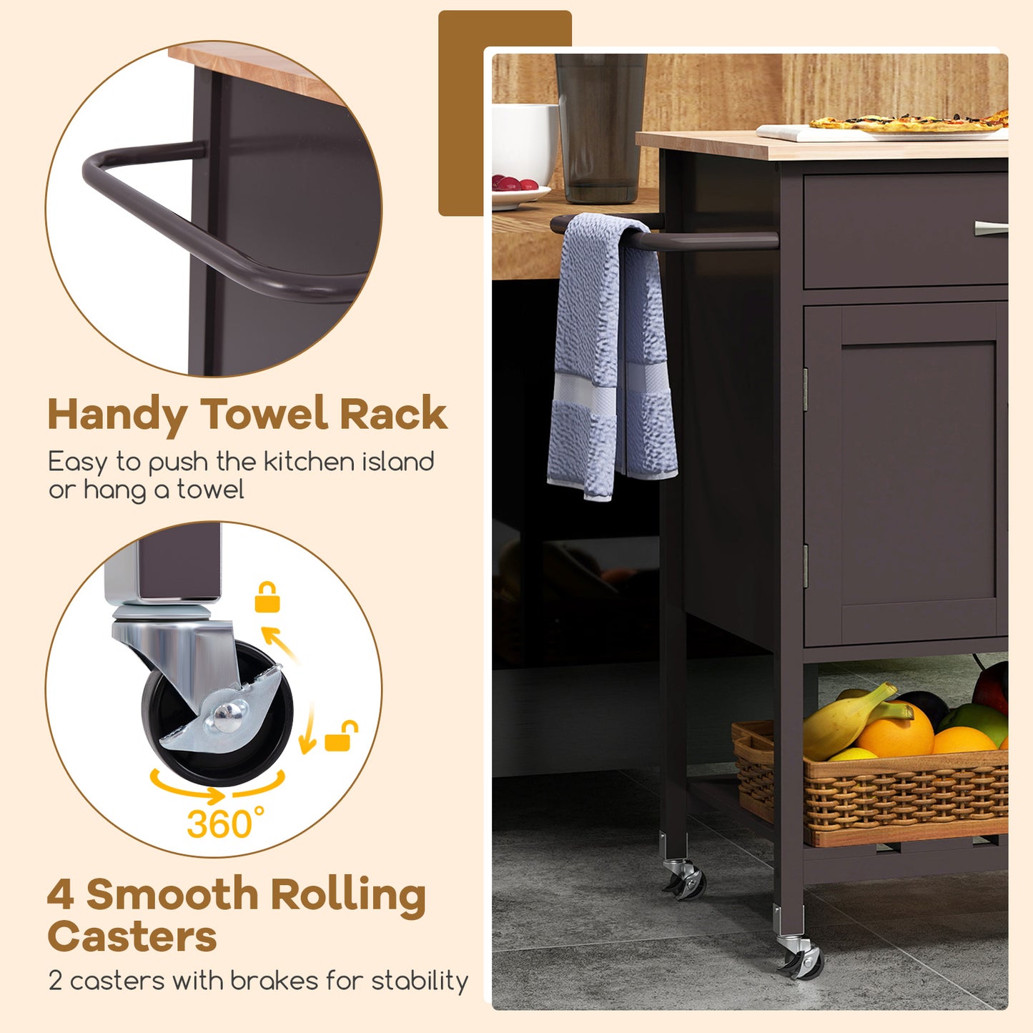 Rolling Kitchen Island Cart with Drawer Cabinet Bottom Shelf and Towel Rack - Brown