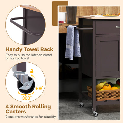 Rolling Kitchen Island Cart with Drawer Cabinet Bottom Shelf and Towel Rack - Brown