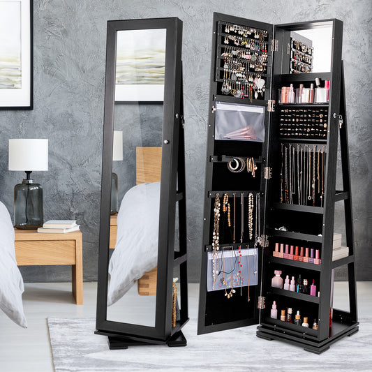 360 Degree Rotating Jewelry Armoire with Lockable Storage and Full Length Mirror in Black