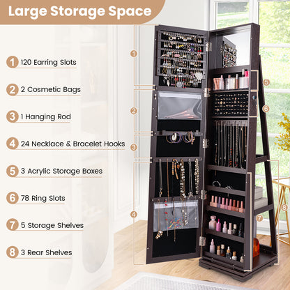 360 Degree Rotating Jewelry Armoire with Lockable Storage and Full Length Mirror in Dark Brown