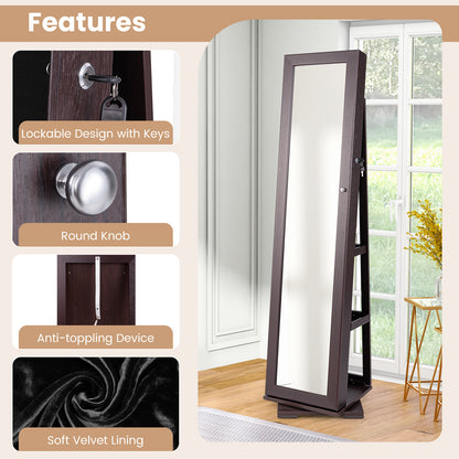 360 Degree Rotating Jewelry Armoire with Lockable Storage and Full Length Mirror in Dark Brown