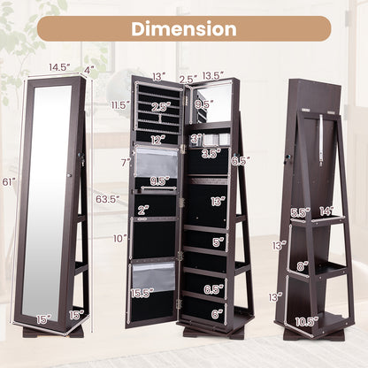 360 Degree Rotating Jewelry Armoire with Lockable Storage and Full Length Mirror in Dark Brown