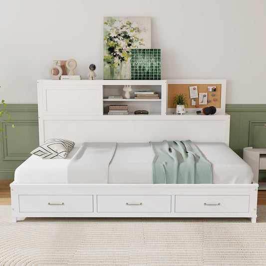 Wooden Daybed with 3 Drawers and Storage Shelves for Bedroom or Living Room - Full Size