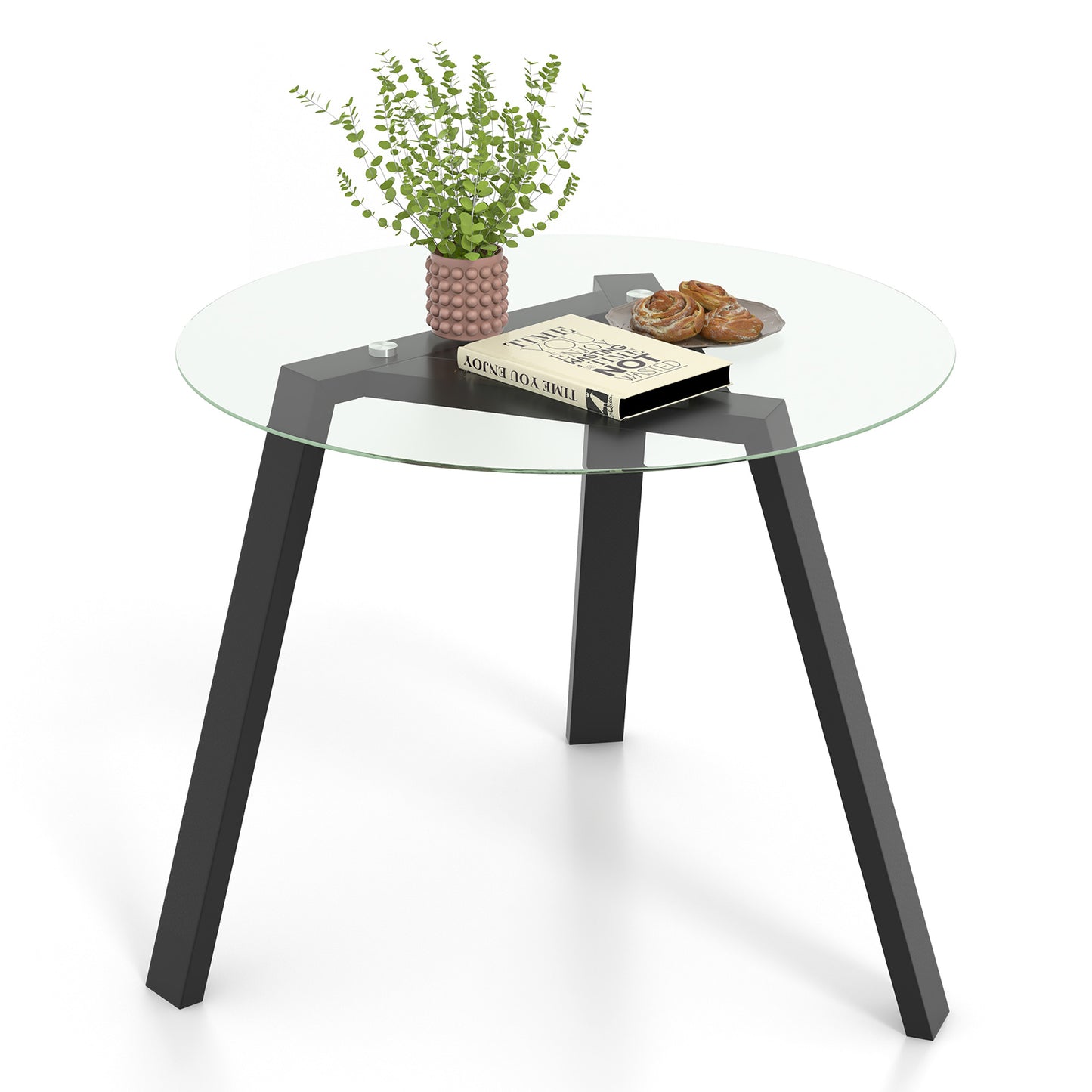 Round Glass Dining Table for 4 with Solid Wood Base 36 Inch Black Finish