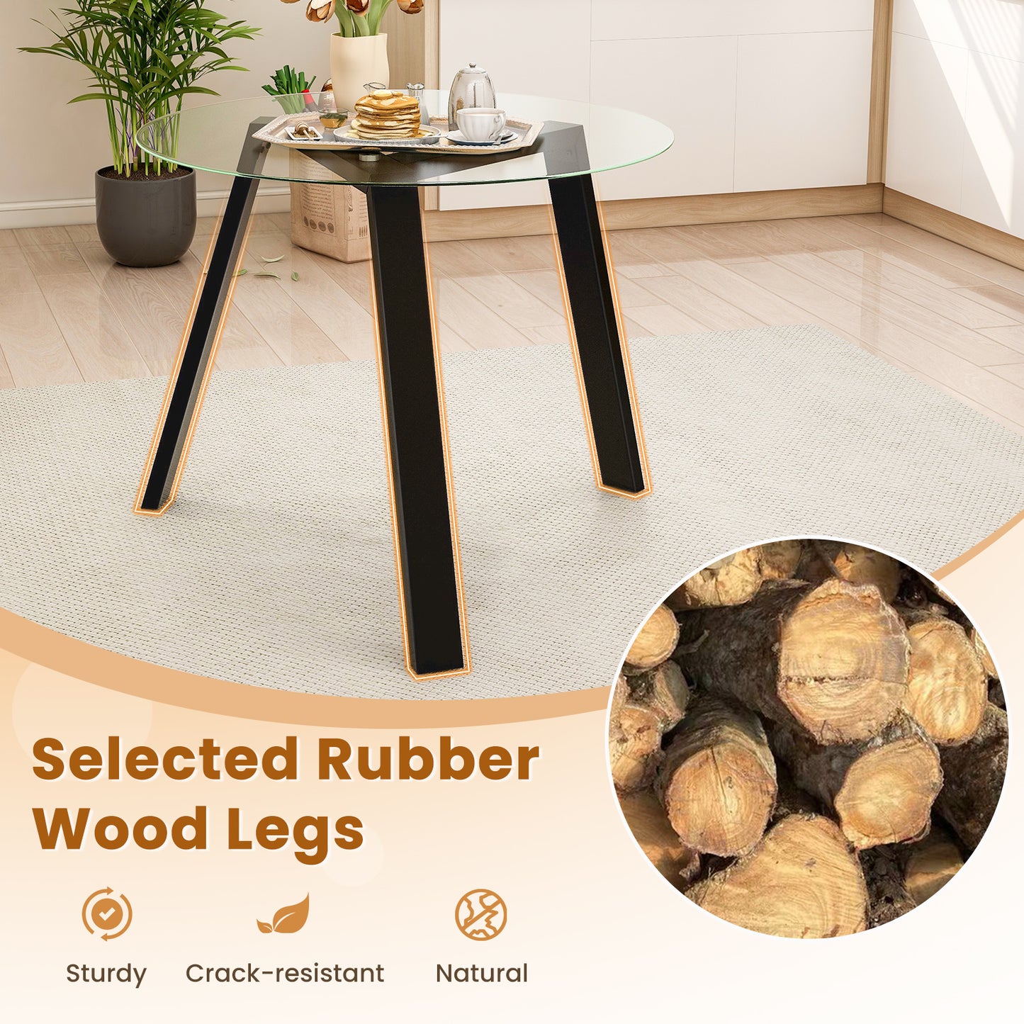 Round Glass Dining Table for 4 with Solid Wood Base 36 Inch Black Finish