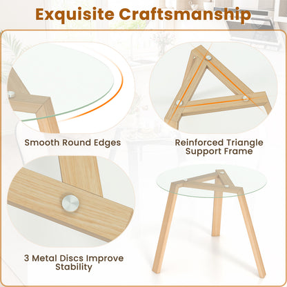 Round Glass Dining Table for 4 with Solid Wood Base 36 Inch Natural Finish