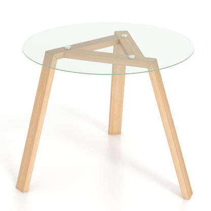 Round Glass Dining Table for 4 with Solid Wood Base 36 Inch Natural Finish