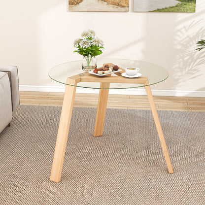 Round Glass Dining Table for 4 with Solid Wood Base 36 Inch Natural Finish