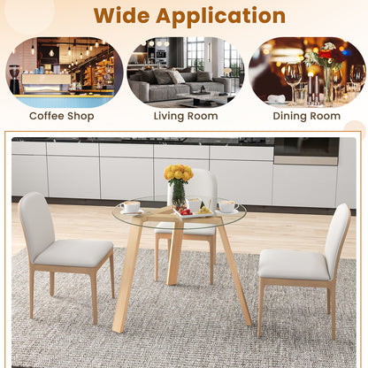 Round Glass Dining Table for 4 with Solid Wood Base 36 Inch Natural Finish