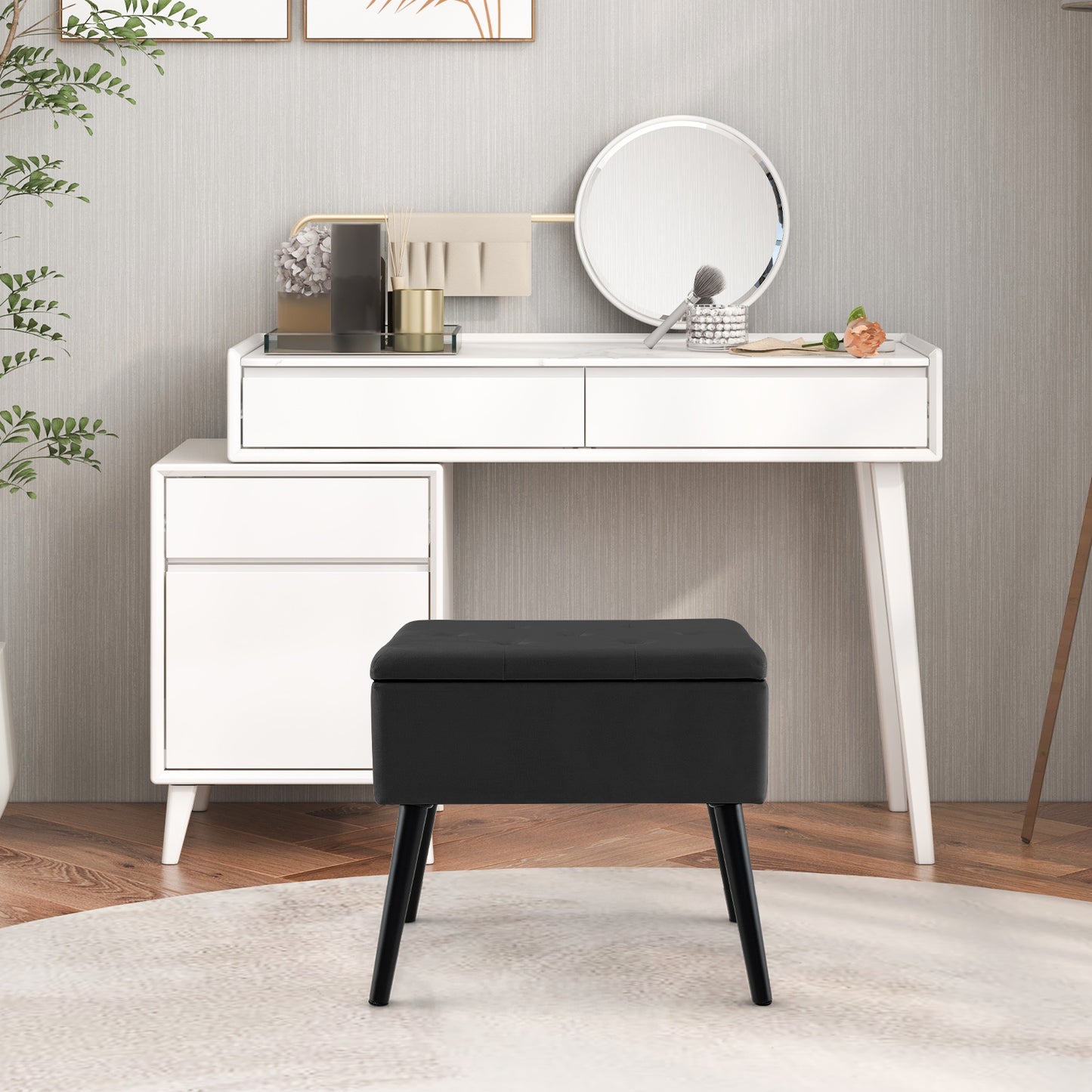 Elegant Velvet Storage Ottoman with Padded Seat and Wood Legs - Black