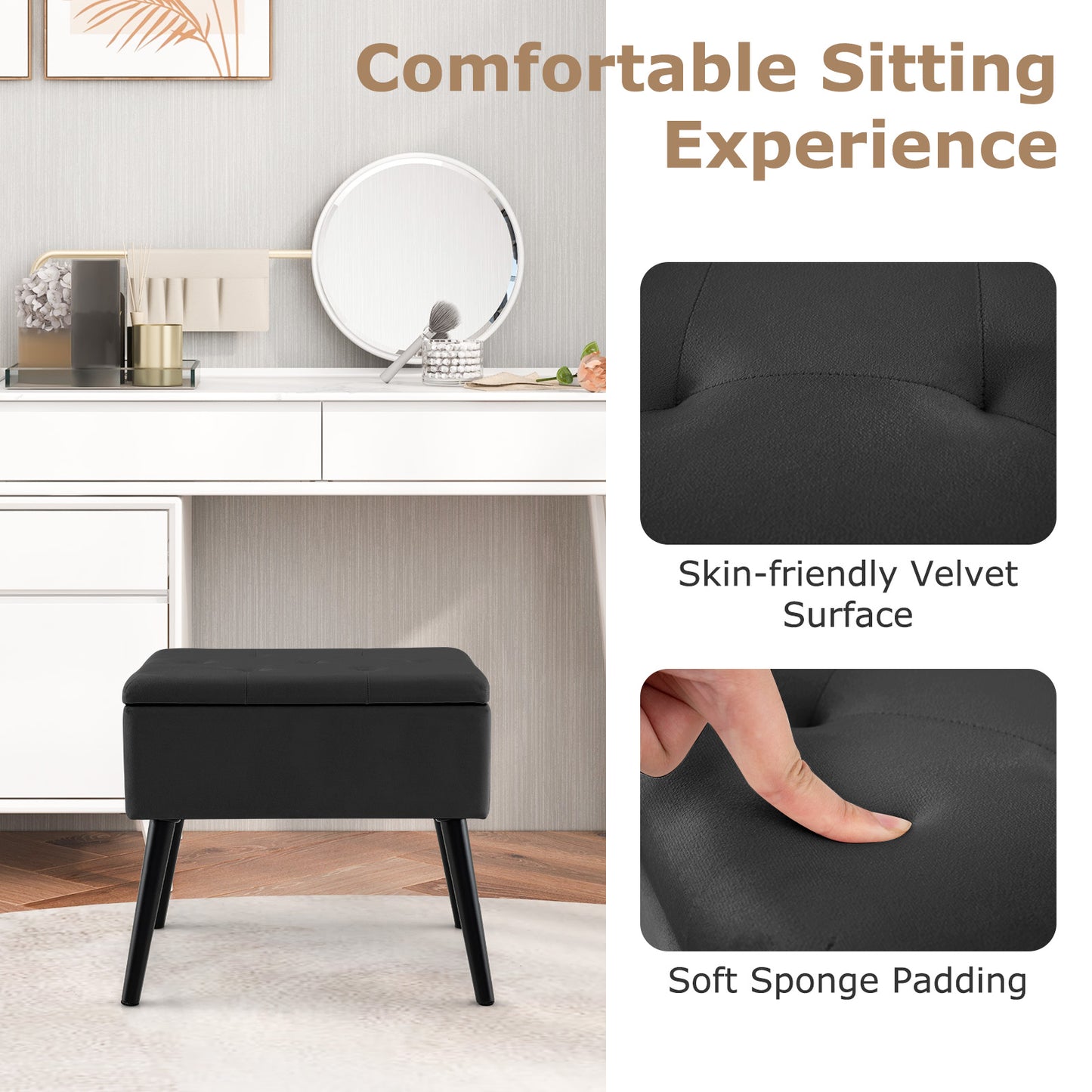 Elegant Velvet Storage Ottoman with Padded Seat and Wood Legs - Black