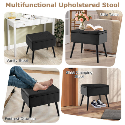 Elegant Velvet Storage Ottoman with Padded Seat and Wood Legs - Black