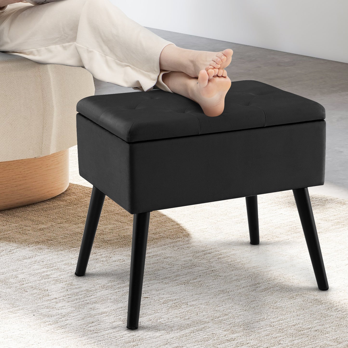 Elegant Velvet Storage Ottoman with Padded Seat and Wood Legs - Black