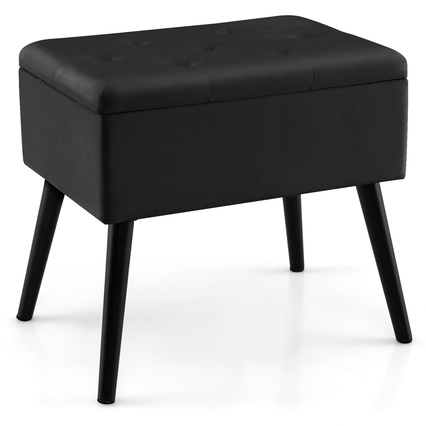 Elegant Velvet Storage Ottoman with Padded Seat and Wood Legs - Black