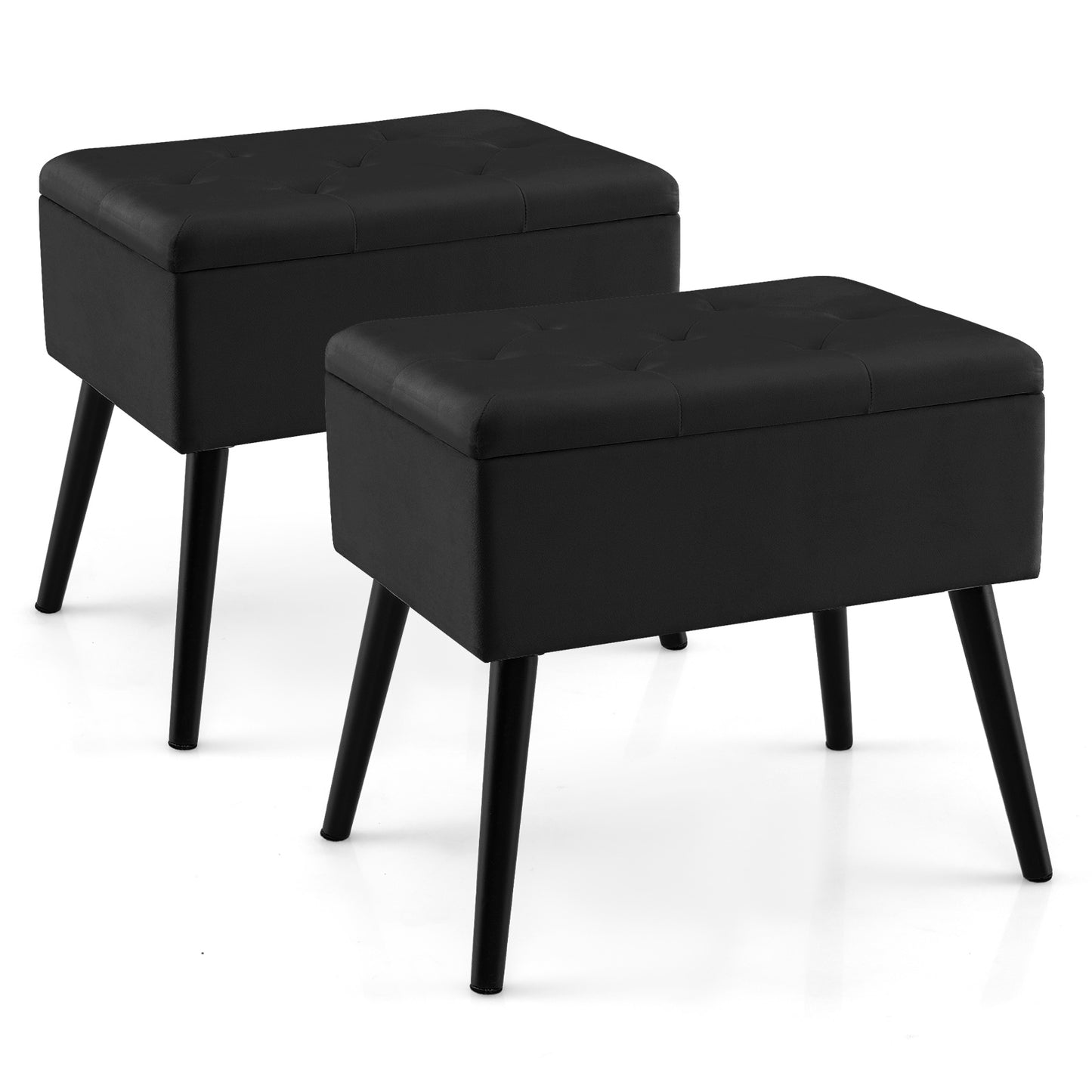 Elegant Velvet Storage Ottoman with Padded Seat and Wood Legs - Black