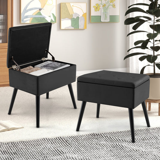 Elegant Velvet Storage Ottoman with Padded Seat and Wood Legs - Black
