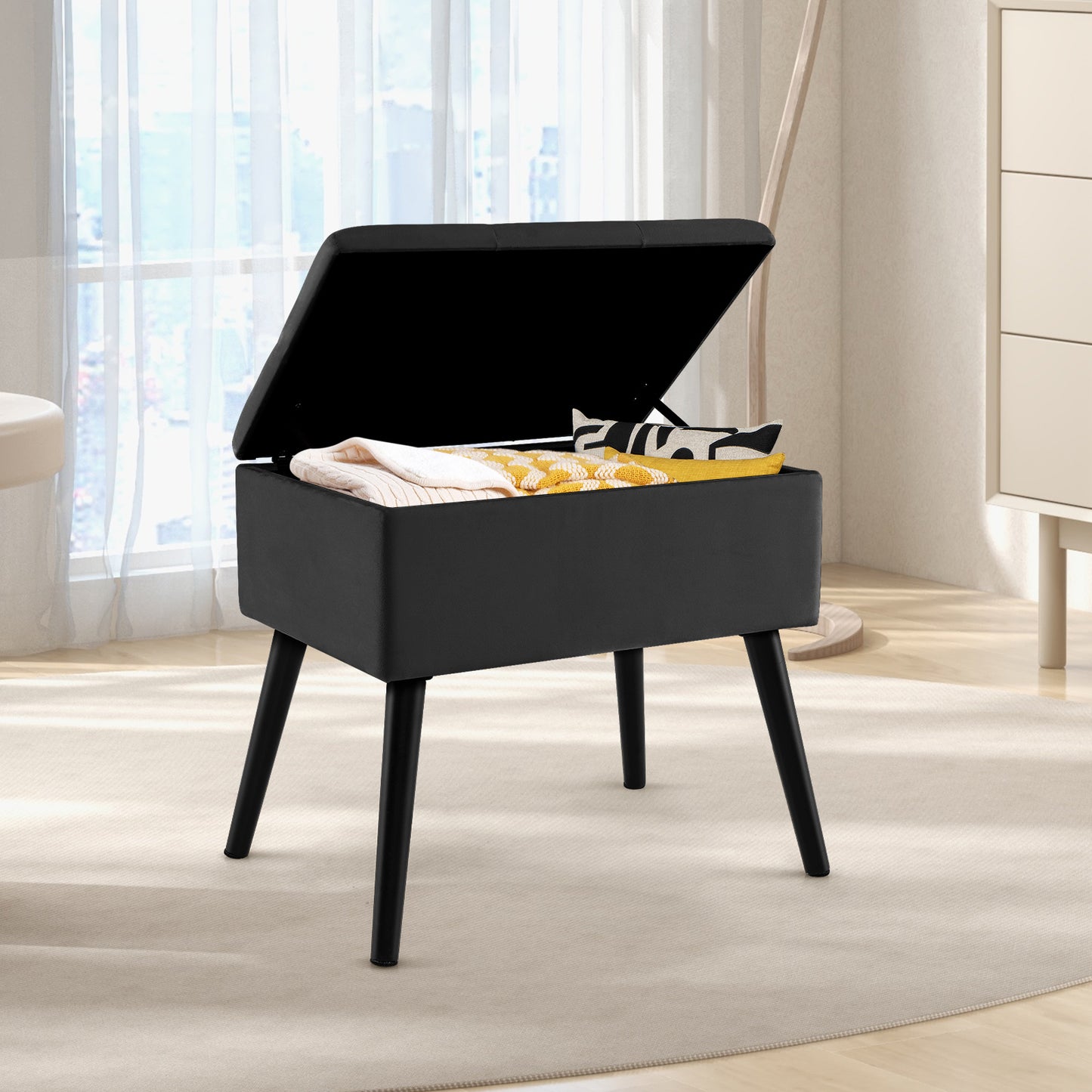 Elegant Velvet Storage Ottoman with Padded Seat and Wood Legs - Black