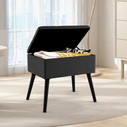 Elegant Velvet Storage Ottoman with Padded Seat and Wood Legs - Black