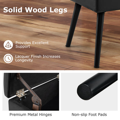 Elegant Velvet Storage Ottoman with Padded Seat and Wood Legs - Black
