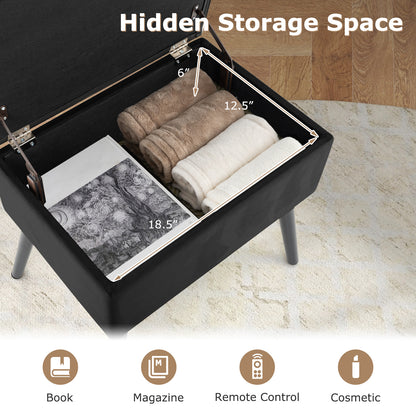 Elegant Velvet Storage Ottoman with Padded Seat and Wood Legs - Black