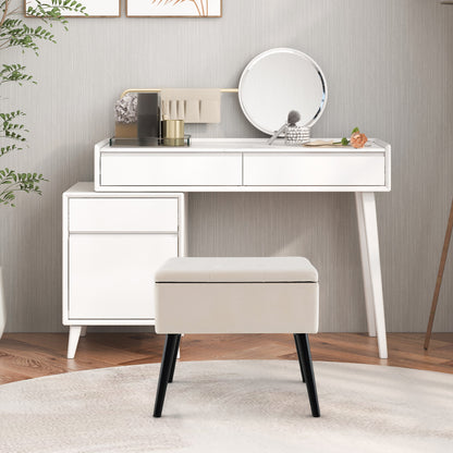 Elegant Velvet Storage Ottoman with Padded Seat and Wood Legs - Beige