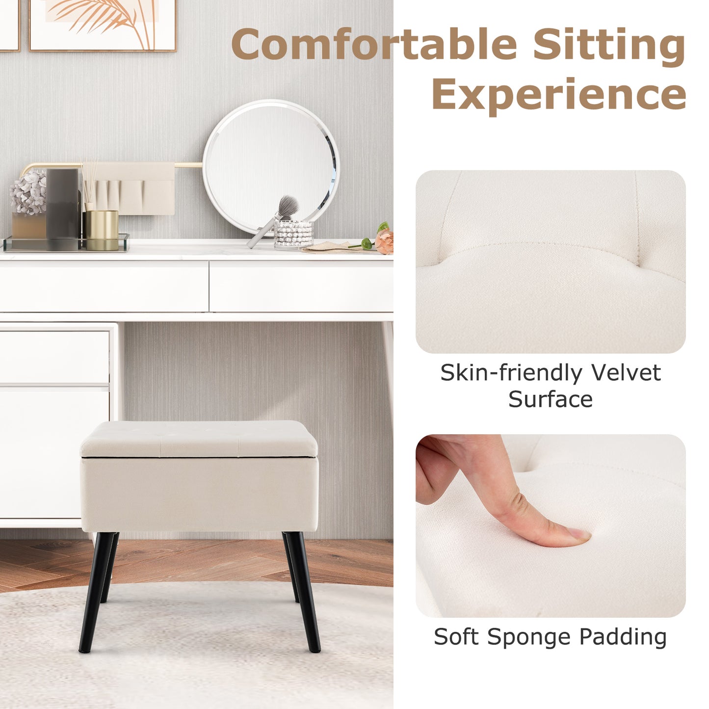 Elegant Velvet Storage Ottoman with Padded Seat and Wood Legs - Beige