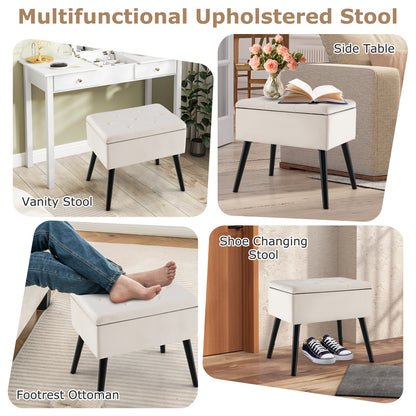 Elegant Velvet Storage Ottoman with Padded Seat and Wood Legs - Beige