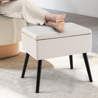 Elegant Velvet Storage Ottoman with Padded Seat and Wood Legs - Beige