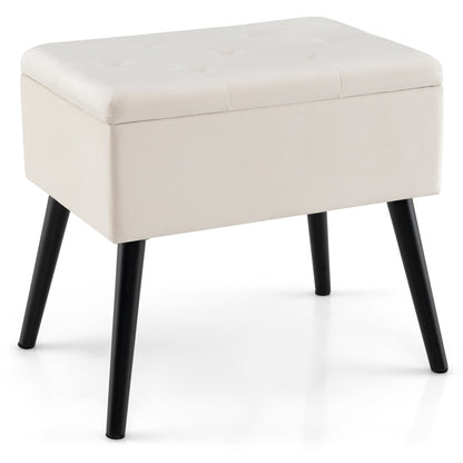 Elegant Velvet Storage Ottoman with Padded Seat and Wood Legs - Beige
