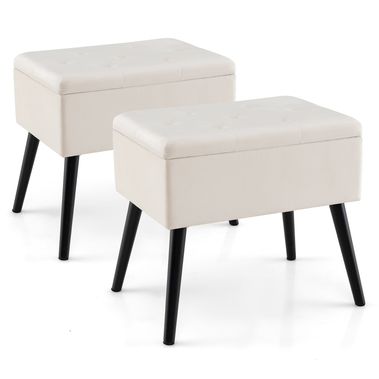 Elegant Velvet Storage Ottoman with Padded Seat and Wood Legs - Beige