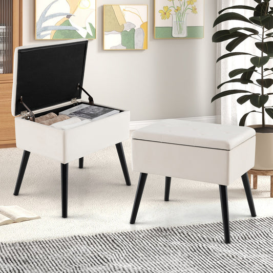 Elegant Velvet Storage Ottoman with Padded Seat and Wood Legs - Beige