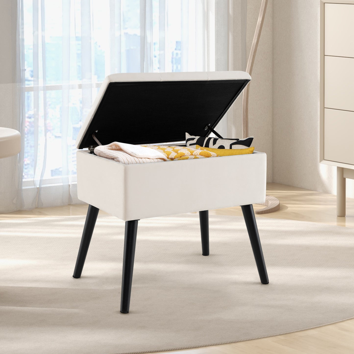 Elegant Velvet Storage Ottoman with Padded Seat and Wood Legs - Beige