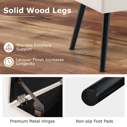 Elegant Velvet Storage Ottoman with Padded Seat and Wood Legs - Beige