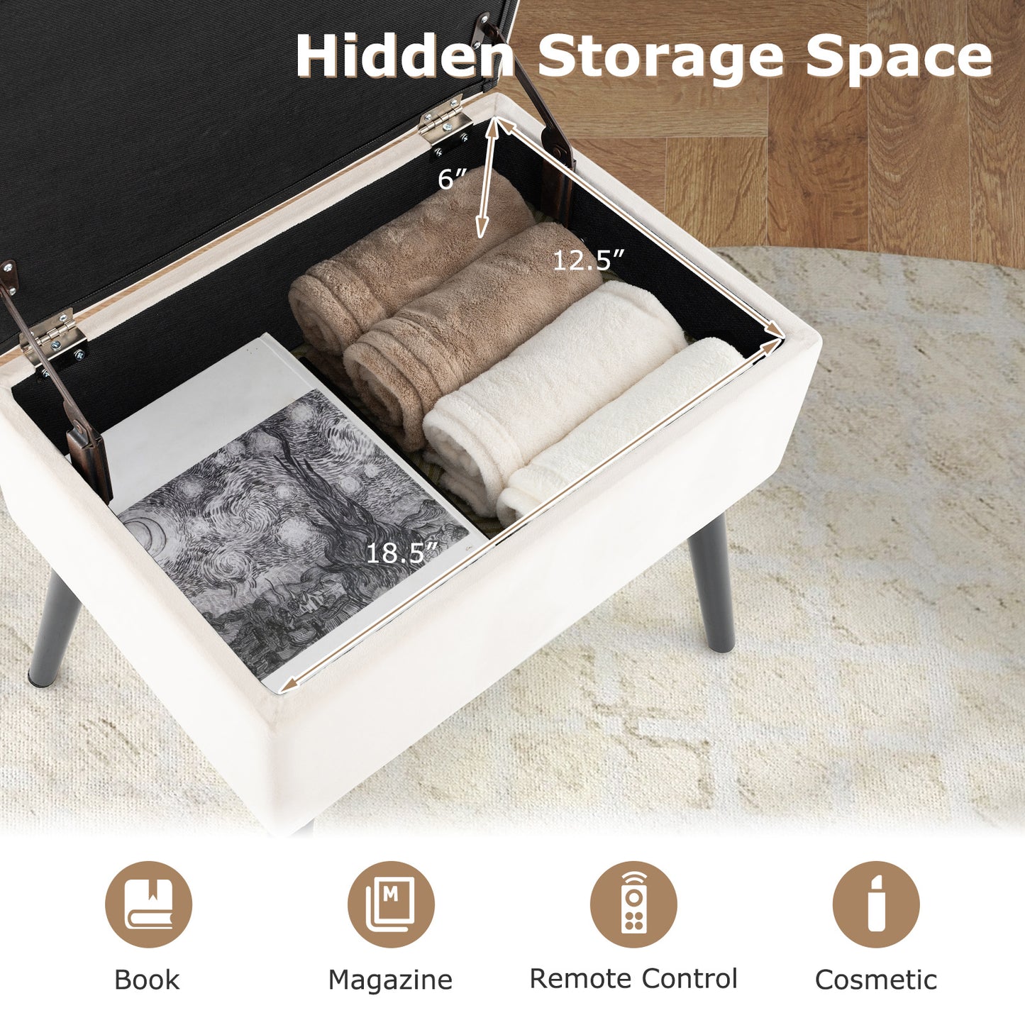 Elegant Velvet Storage Ottoman with Padded Seat and Wood Legs - Beige