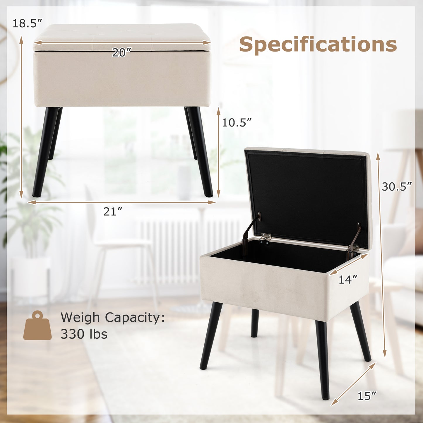 Elegant Velvet Storage Ottoman with Padded Seat and Wood Legs - Beige