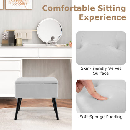 Elegant Velvet Storage Ottoman with Padded Seat and Wood Legs - Grey