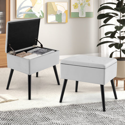 Elegant Velvet Storage Ottoman with Padded Seat and Wood Legs - Grey