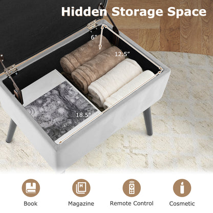 Elegant Velvet Storage Ottoman with Padded Seat and Wood Legs - Grey