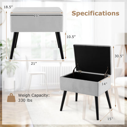 Elegant Velvet Storage Ottoman with Padded Seat and Wood Legs - Grey