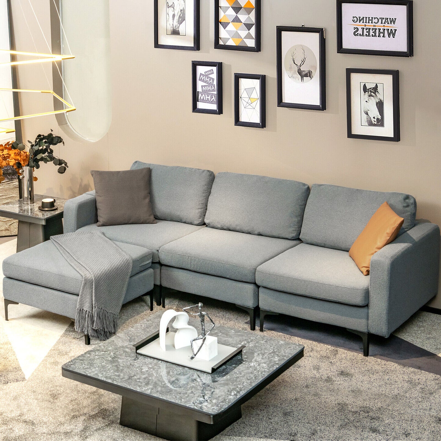Modular L-Shaped Sectional Sofa with Reversible Chaise, Built-In USB Ports - Dark Grey