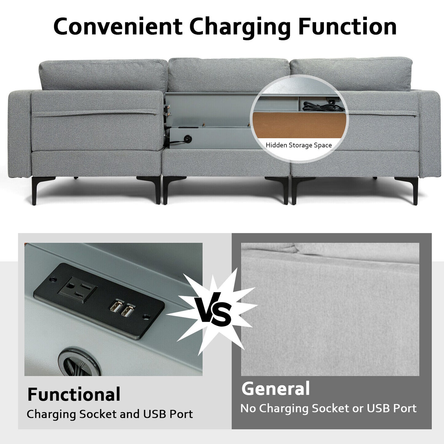 Modular L-Shaped Sectional Sofa with Reversible Chaise, Built-In USB Ports - Dark Grey