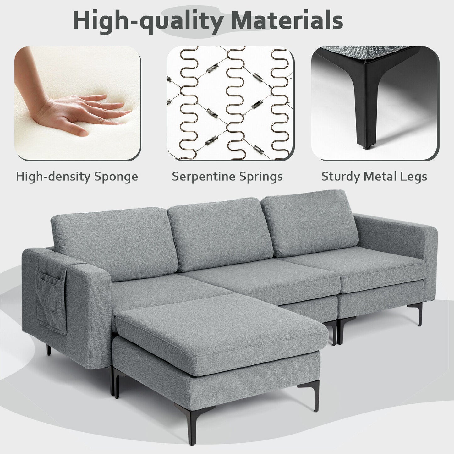 Modular L-Shaped Sectional Sofa with Reversible Chaise, Built-In USB Ports - Dark Grey