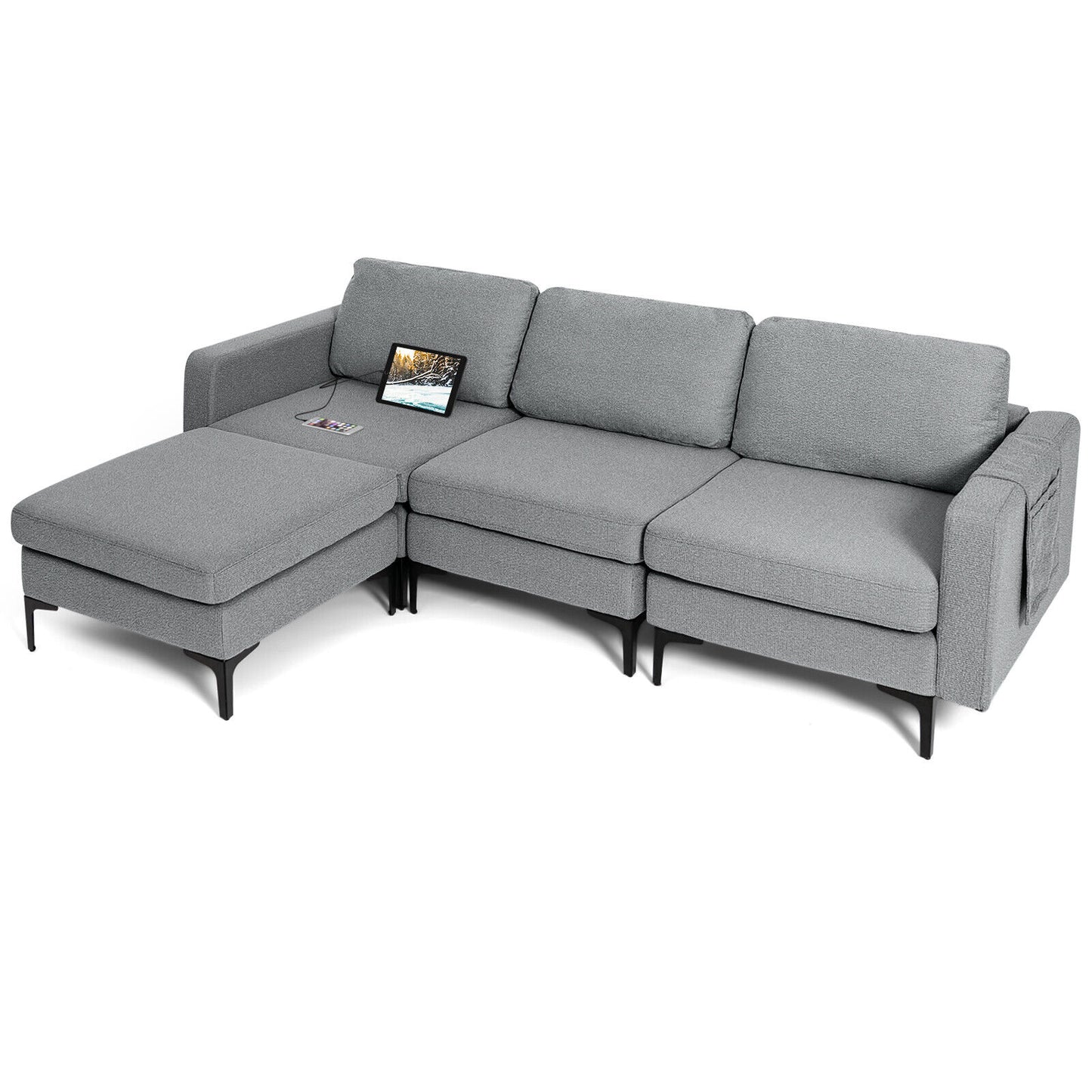 Modular L-Shaped Sectional Sofa with Reversible Chaise, Built-In USB Ports - Dark Grey