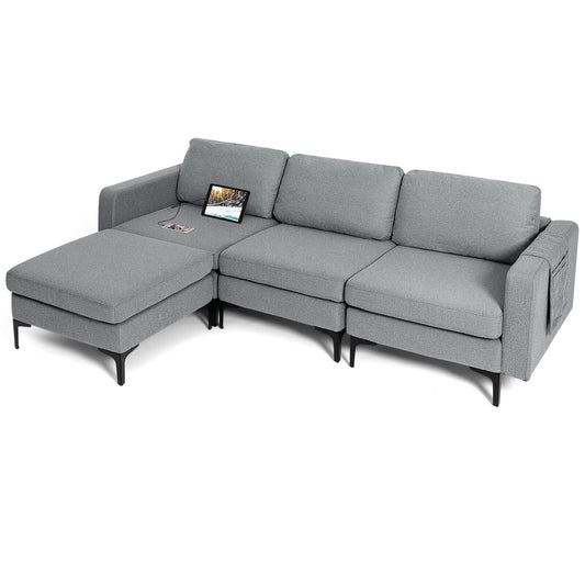 Modular L-Shaped Sectional Sofa with Reversible Chaise, Built-In USB Ports - Dark Grey