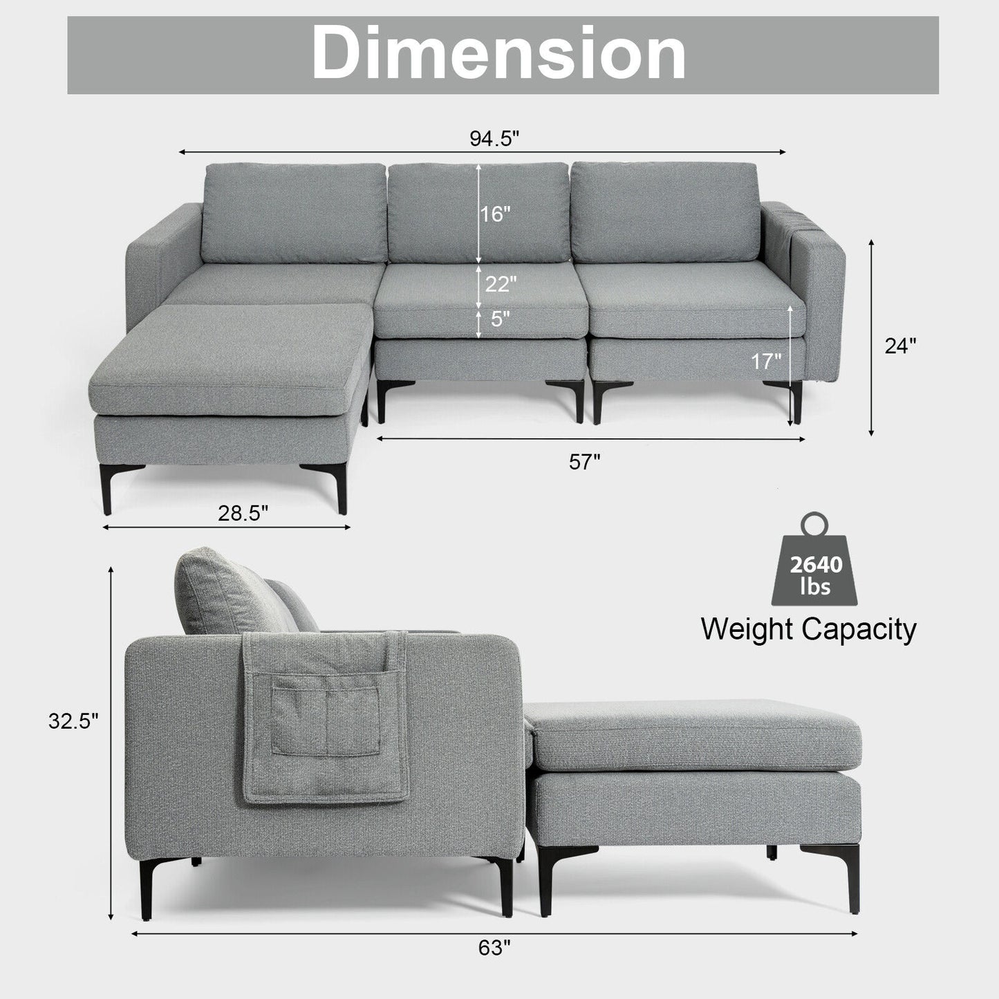 Modular L-Shaped Sectional Sofa with Reversible Chaise, Built-In USB Ports - Dark Grey
