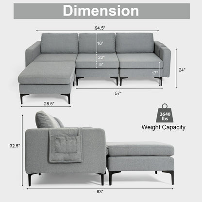 Modular L-Shaped Sectional Sofa with Reversible Chaise, Built-In USB Ports - Dark Grey
