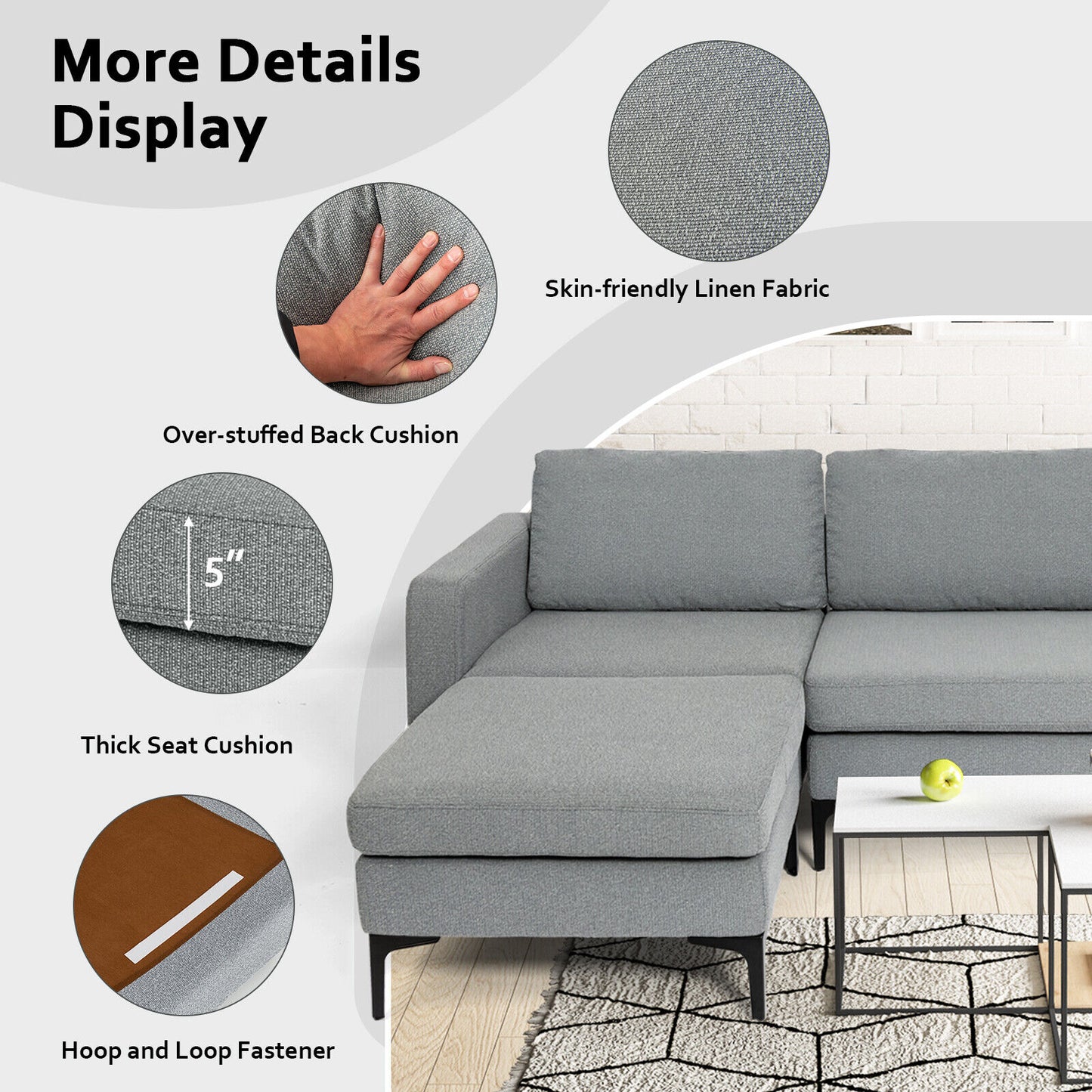Modular L-Shaped Sectional Sofa with Reversible Chaise, Built-In USB Ports - Dark Grey
