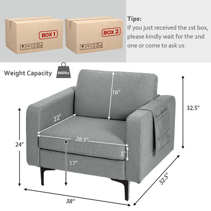 Ergonomic Accent Chair with Side Storage and Cushioned Seat, Grey